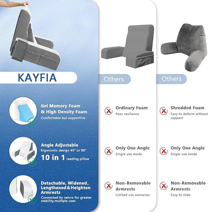 Kayfia Reading Pillow, 10 in 1 Back Pillow for Bed Sitting up with Detachable Arms Rest, Back Rest Pillow with Gel Memory Foam, Husband Pillow for Reading/Gaming/Working in Bed or Couch 19", White
