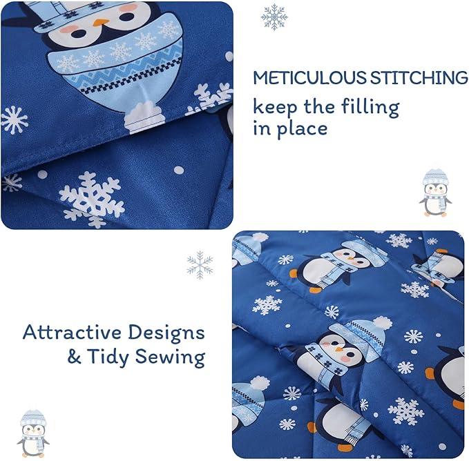 JSD Penguin Snowflakes Kids Christmas Comforter Set Queen Size, 3 Piece Xmas Printed Microfiber Bedding Set, Machine Washable