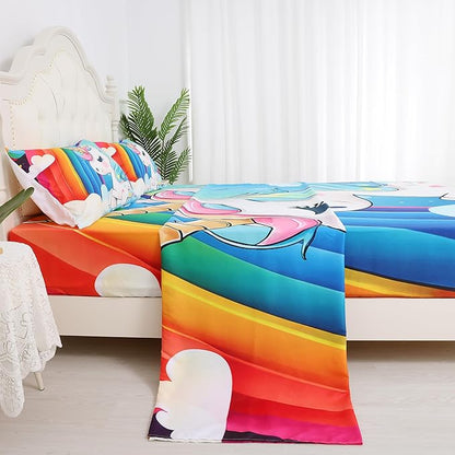 Cartoon Unicorn Sheets Set, Rainbow Unicorn Bedding Sets Full Size for Girls Kids Children Boys Teens Sheets Bedspread Set,1 Flat Sheet 1 Fitted Sheet 2 Pillowcases
