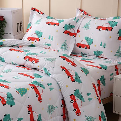 JSD Cars Kids Christmas Comforter Set Full Size, 3 Piece Tree Printed Microfiber Holiday Winter Bedding Set