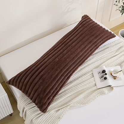 Full Body Pillow with Fluffy Stripe Faux Fur Removable Cover, Long Bed Pillow Adult 20x54 Inches for Side Sleeper and Pregnancy, Coffee.