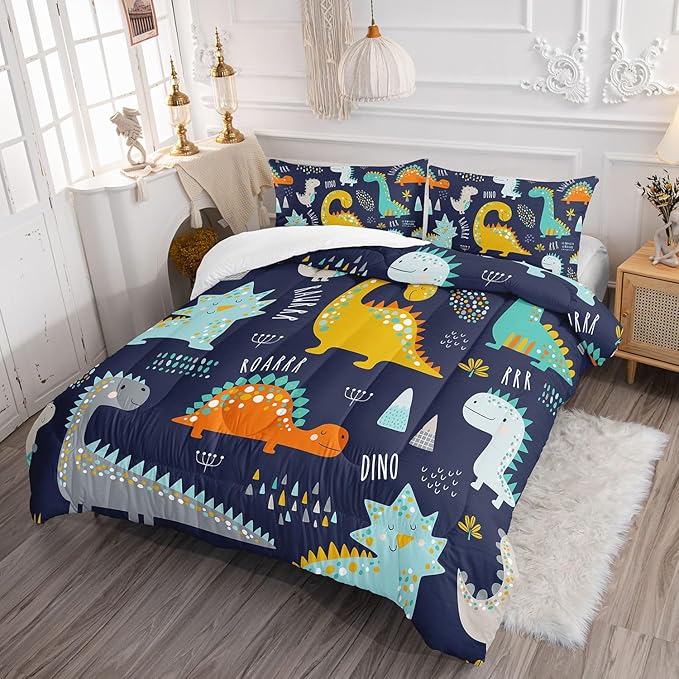 Cartoon Dinosaur Comforter Set Dark Blue Printed Bedding Set with 1 Comforter and 2 Pillowcases for Boys and Girls Bedroom All Season(Dinosaur Twin)