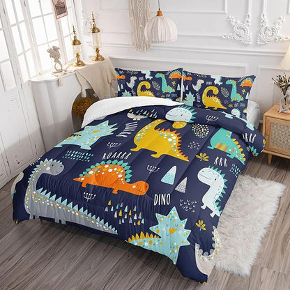 Cartoon Dinosaur Comforter Set Dark Blue Printed Bedding Set with 1 Comforter and 2 Pillowcases for Boys and Girls Bedroom All Season(Dinosaur Full)
