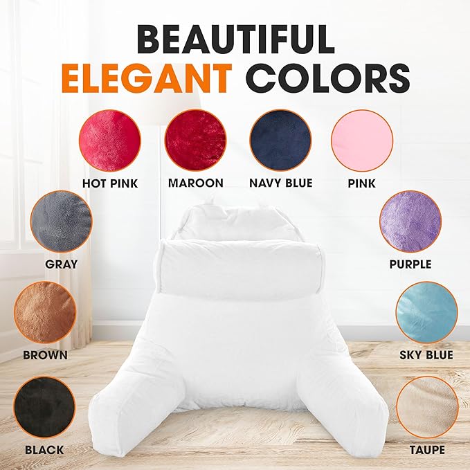 Cheer Collection Reading Pillow Chair - Chair Pillow with Arms and Detachable Neck Bolster for Bed & Couch - Machine Washable, White