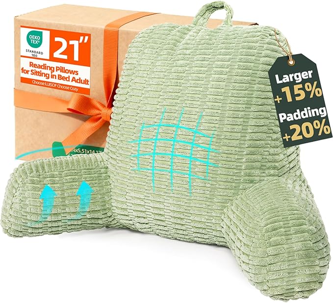 21" Higher Large Reading Pillow for Bed Adult, Back Pillow for Bed Sitting Up with Memory Foam Back Support with Arms Rest for Couch Chair Green