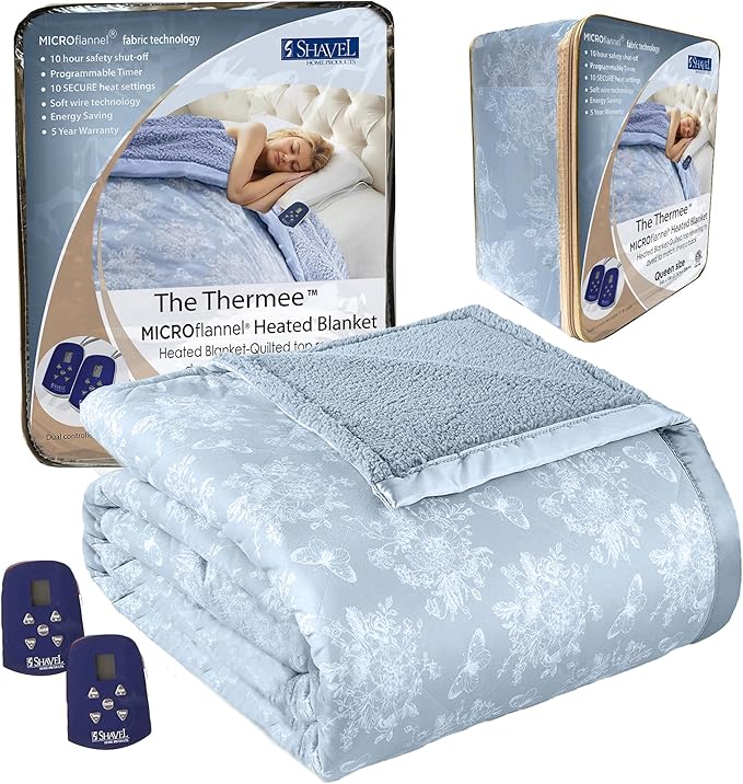 Thermee Micro Flannel Heated Blanket with Sherpa Back, 10-Setting Electric Blanket, Queen Size, Programmable Heating Throw, Sky Blue