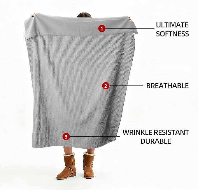 CHUFFED Cotton Waffle Blanket Queen Size-Plush Milk Velvet & Reversible Waffle Weave,Anti-Static 500Gsm Design，Thick Cozy Soft Winter Blanket for Bed, Couch, Sofa - Grey, 90x90 Inches