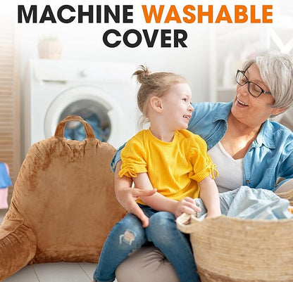 Cheer Collection Reading Pillow with Arms – Portable Bed Pillow for Sitting Up & Support, Foam-Filled Back Rest Pillow for Sitting in Bed & Couch, Machine Washable, Brown