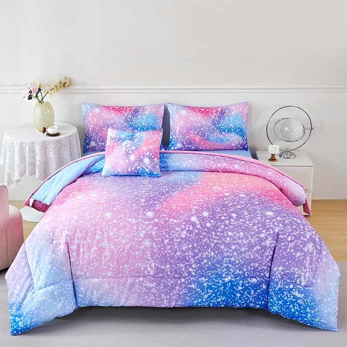 RYNGHIPY 6Pcs Girls Bedding Set Full Size Colorful Rainbow Comforter Set for Kids Teens Girls Glitter Bedding Set Lightweight Fluffy