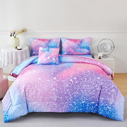RYNGHIPY 6Pcs Girls Bedding Set Full Size Colorful Rainbow Comforter Set for Kids Teens Girls Glitter Bedding Set Lightweight Fluffy