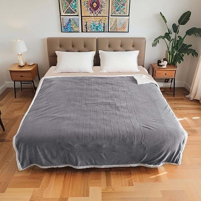 Electric Heated Blanket Queen Size 84"x90", Soft Flannel with Dual Controllers & Overheat Protection, 6 Adjustable Heat Settings & 10-Hour Auto-Off Timer, Fast Heating for Winter Comfort, Light Gray