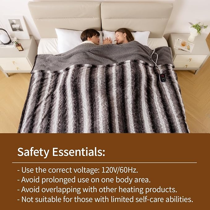 Bearhug Electric Blanket Full Size 77" x 84", 10 Heat Settings Heated Blanket, 1-12 Hour Auto Shut-Off, Faux Fur & Sherpa Dual-Sided Heating Blanket, Machine Washable, Gift-Ready Elegant Packaging