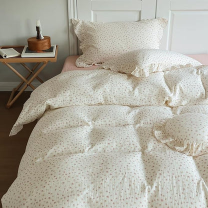 BuLuTu Elegant Pink Floral Ruffled Duvet Cover Full for Kids Teens Adults, 100% Muslin Cotton Comforter Cover with Pillow Cases, Soft Breathable Quilt Cover, Zipper Closure and 4 Corner Ties