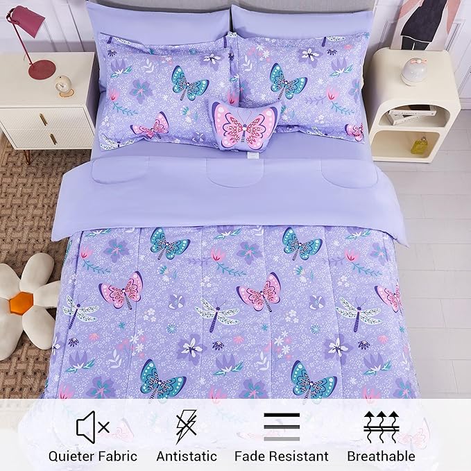 Mooreeke Kids Twin Comforter Sets for Girls 6 Pieces Butterfly Purple Bedding Set for Teens Soft Microfiber Kids Bed in A Bag with Comforter, Sheet Set, Shams and Decorative Toy Pillow All Season