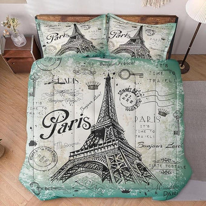 Full Size Comforter Set with 2 Pillowcase, Vintage Eiffel Tower Soft 3 Pcs Bedding for Kids and Adults, Paris Summer Comforter Set for Room Bedroom Bed Decor