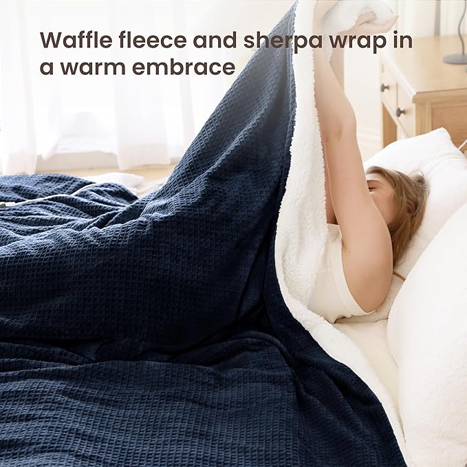 Heated Blanket Electric Blanket King Waffle,90x100 Inches Sherpa Fleece Fast Heating Blanket 6 Heating Levels & 10 Hours Auto Off ETL Certification, Navy King