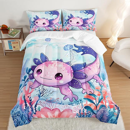 Cute Axolotl Bedding Set Full Size,Color Axolotl Waterweed Jellyfish Pattern Toddler Bed Comforter Set,Kawaii Ocean Life Bedding Sets for Kids Boys Girls Room Decor with 2 Pillowcases.