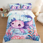 Cute Axolotl Bedding Set Full Size,Color Axolotl Waterweed Jellyfish Pattern Toddler Bed Comforter Set,Kawaii Ocean Life Bedding Sets for Kids Boys Girls Room Decor with 2 Pillowcases.