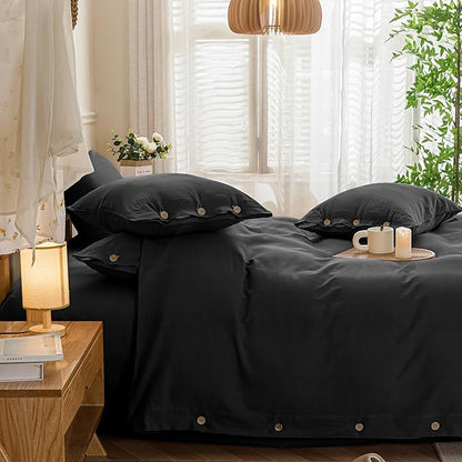 JELLYMONI Cotton Duvet Cover Cal King Size - Pure Black Comforter Cover with Button 100% Washed Cotton 3PCS Breathable Soft Solid Bedding Set Duvet Cover 104×98in & 2 Pillowcases (NO Comforter)