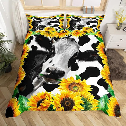 Cow Print Duvet Cover Set King Size, Black White Mike Cow and Yellow Sunfowers Pattern Bedding Set + 2 Pillowcases, Natural Floral and Animal Theme Country Farmhouse Bedspread
