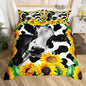 Cow Print Duvet Cover Set King Size, Black White Mike Cow and Yellow Sunfowers Pattern Bedding Set + 2 Pillowcases, Natural Floral and Animal Theme Country Farmhouse Bedspread