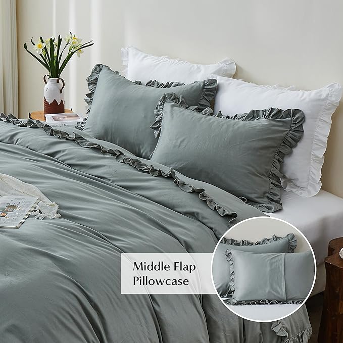 Simple&Opulence Kids 100% Organic Cotton Full Duvet Cover Ruffle 3Pcs(1 Comforter Cover 2 Pillowcases) Cute Lace Vintage Boho Shabby Chic Farmhouse Bedding Set Teen Girls(Gray, Full)