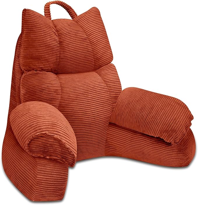 RRPAHWTV Reading Pillow for Bed with High Arm Rests,Back Support Pillow for Sitting Up in Bed with Shredded Memory Foam for Reading, TV, Gaming or Relaxing on Floor（Bright Orange, Small）