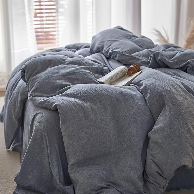 BuLuTu Gray Blue Muslin Cotton Duvet Cover Full Gauze Quilt Cover with Pillow Cases for All Seasons Minimalist Comforter Cover Set, Soft Comfort Bedding, Machine Washable