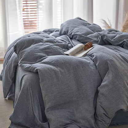 BuLuTu Gray Blue Muslin Cotton Duvet Cover Full Gauze Quilt Cover with Pillow Cases for All Seasons Minimalist Comforter Cover Set, Soft Comfort Bedding, Machine Washable