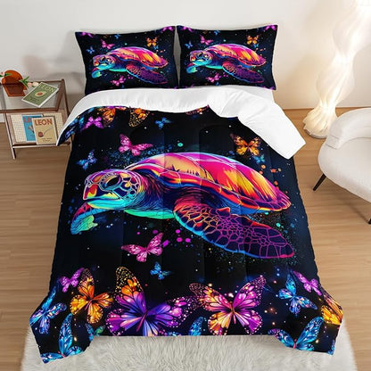 Colorful Sea Turtle Bedding Comforter Set Queen Size,Colorful Butterflies Print Comforter Set for Kids Teens Room Decor,Fantasy Sea World Bedding Beach Themed Comforter Set with 2 Pillowcases.