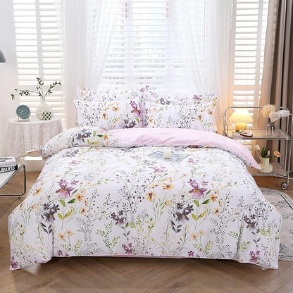 URBONUR Floral Duvet Cover Set Queen Size 3-Pieces 100% Cotton Wildflowers Comforter Cover, Chic Garden Flowers Bedding Set, Soft Breathable Bed Linen Set
