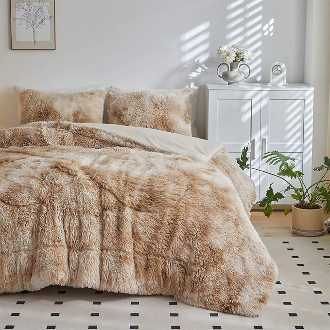 Wajade Faux Fur Plush Tie Dye Camel Comforter Set Fluffy Fuzzy Shaggy Bedding Set - 3PC Full Size Microfiber Soft Warm Quilt Set