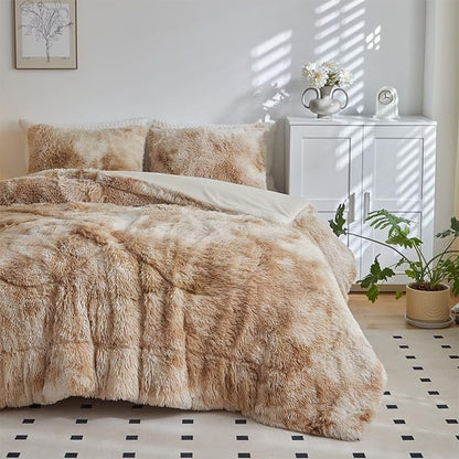Wajade Faux Fur Plush Tie Dye Camel Comforter Set Fluffy Fuzzy Shaggy Bedding Set - 3PC Full Size Microfiber Soft Warm Quilt Set
