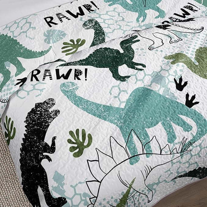 QOOMO Dinosaur Quilt Set Full/Queen Size,Cartoon Dinosaur Bedspread Coverlet Set,Dinosaurs 3Pcs Bedding Set Printed Quilt with 2 Pillowcases,Soft and Lightweight,for All Seasons