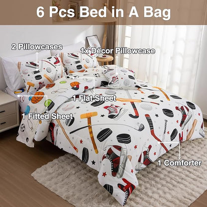 A Nice Night 6Pcs Full Sports Bedding Set for Boys, Full Comforter with Ice Skates, Baseball Bat & Hockey Design(White)