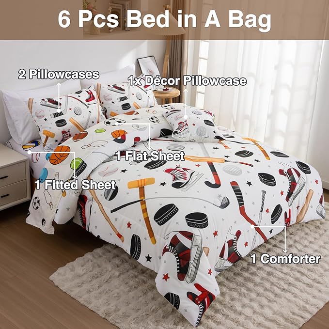A Nice Night 6Pcs Twin Boys Bedding Set, Sports Themed Comforter with Ice Skates & Baseball Bat Design, Athletic Decor for Boys Bedroom(White)