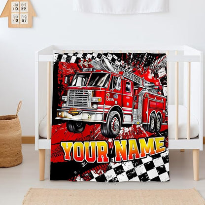 Boys Blanket Gifts Personalized Fire Truck Blankets for Kids Teens Adults - 60" x 80" Custom Name Cool Car Themed Soft Lightweight Flannel Throws for Couch, Sofa, Bedroom Decor
