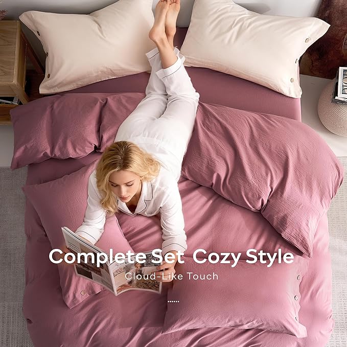 JELLYMONI 100% Washed Cotton Duvet Cover Full – Soft, Breathable Linen-Look Bedding with Natural Wrinkle Texture, Button Closure, 3-Piece Set (Deep Rose, 80"x90")
