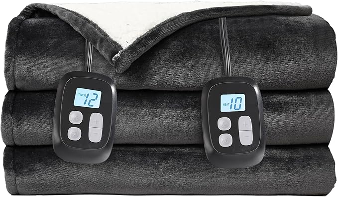 Electric Heated Blanket Queen Size - 84"x90", Soft Flannel Heating Blanket, 10 Heating Levels, 1-12 H Auto Shut Off, Dual Controllers, Breathable Warm and Washable for Bed, Dark Grey