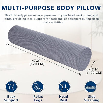 Body Pillow for Adults, Long Full Body Pillow for Side Sleepers and Pregnancy Support, High Resilience Cylindrical Bolster Pillow with Removable Washable Cover (47"x7.9", Grey)