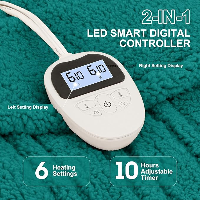 Queen Size Electric Blanket Single Control - 84"X90" Soft Double Sided Sherpa Heated Blanket with 6 Heating Levels & 10 hrs Timer Settings, Washable & ETL Certified for Bed, Green