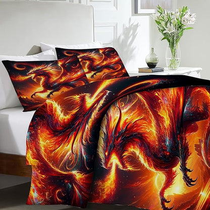 Dragon Bedding Set 3 Pieces Full Size Flame Dragon Duvet Cover Comforter Cover Sets with 2 Pillowcases for Boys Girls Teens Men Women