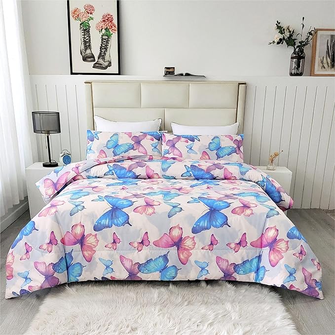 SDIII 3PCS Colorful Butterfly Comforter Set Twin, Soft Microfiber Lightweight Butterfly Comforter Twin, Butterflies Bedding for Girls Boys Kids Teens