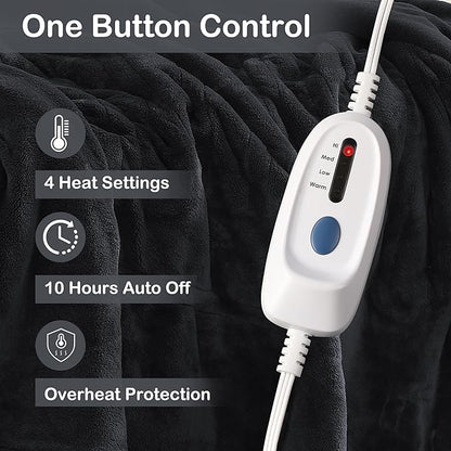 Electric Heated Blanket Full Size 72"x84", Fast Heating Blanket, Soft Cozy for Bed, 10 Hours Auto Off & 4 Heating Levels, Heater Blankets, Machine Washable, Warm Gifts for Grandma -Black