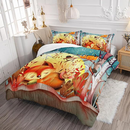 Colorful Cartoon Fox Comforter Set Queen Cute Snails and Birds Pattern Bedding Fox Bedding Set for Kids Boys Girls Moon Trees Quilt Set with 1 Comforter and 2 Pillowcases