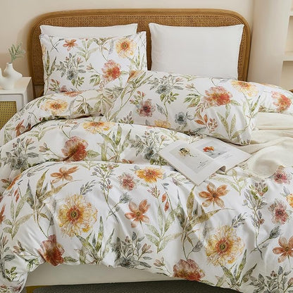 100% Cotton Duvet Cover King Size – Elegant Natural Yellow Floral Duvet Cover Set with Zipper Closure, 3-Piece Soft Breathable Durable Percale Cotton Bedding Set for All Seasons