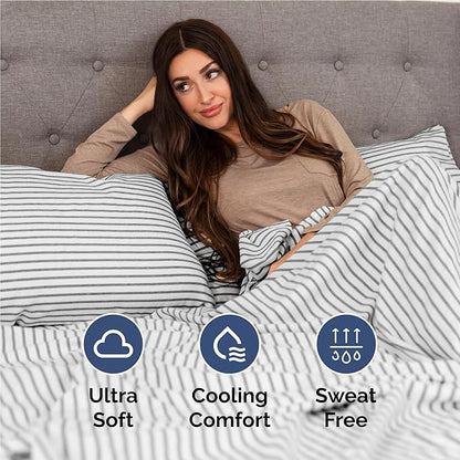 Full 6 Piece Sheet Set - Comfy Breathable & Cooling - Soft Hotel Luxury Bedding Set with 8-16 Inch Deep Pockets - 1 Flat & 1 Fitted Sheet & 4 Pillowcases - Wrinkle Free & Easy Care - Grey Stripes 2