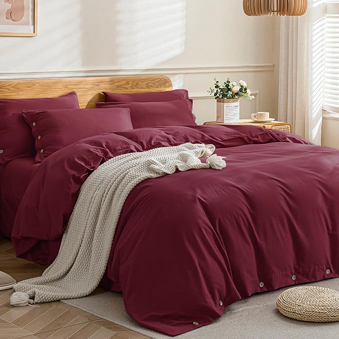 JELLYMONI Cotton Duvet Cover Full Size - Burgundy Comforter Cover with Button 100% Washed Cotton 3PCS Breathable Soft Solid Bedding Set Duvet Cover 80×90in & 2 Pillowcases (NO Comforter)