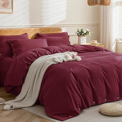 JELLYMONI Cotton Duvet Cover King Size - Burgundy Comforter Cover with Button 100% Washed Cotton 3PCS Breathable Soft Solid Bedding Set Duvet Cover 104×90in & 2 Pillowcases (NO Comforter)