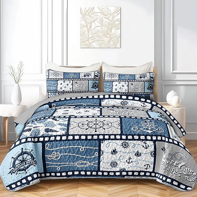 QOOMO Voyage Quilt Set Full/Queen Size,Sailing Bedspread Coverlet Set,Ocean 3Pcs Bedding Set Printed Quilt with 2 Pillowcases,Soft and Lightweight,for All Seasons